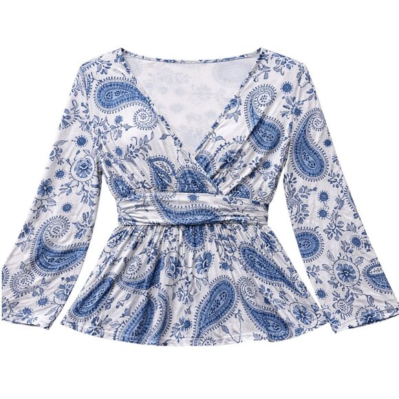 Plus Size V-Neck Banded Waist Promenade Boho Paisley Wrap Peplum Floral Top - Picture 3 of 7